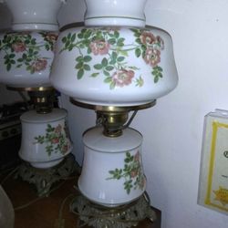 Vintage Accurate Casting Co. Hurricane Lamp Shabby Pink Flowers Ruffled Shade