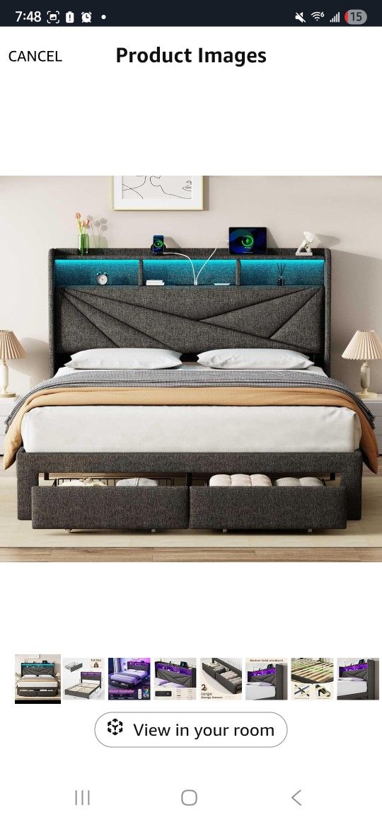 Driftalia LED Full Size Bed Frame with 2 Storage Drawers, Upholstered Full Bed Frame with Headboard and Charging Station, No Box Spring Needed, Easy t