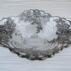 Gorgeous Vintage Cambridge Glass Silver Overlay Floral Footed Bowl 12"