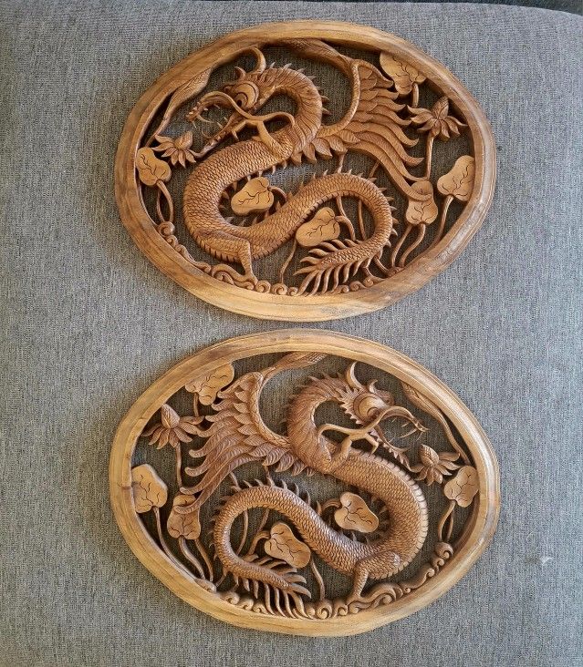 Pair Of Chinese Wood Carvings - Dragons - BEAUTIFUL