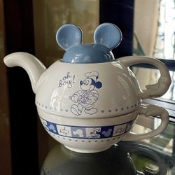 Disney Parks Gourmet Mickey Tea Set For One “Oh Boy!” White And Blue