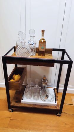 Industrial Wood & Metal Bar Cart with Wheels – Bar Cart Only, Décor Not Included