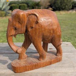 Vintage Hand-Carved Wooden Elephant Figurine 8.5" - Rustic Boho Decor Collectible
