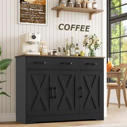 42.5‘’ Kitchen Buffet Sideboard Cabinet, 3 Drawers Farmhouse Coffee Bar Storage Cabinet with Adjustable Shelf, Black Brown