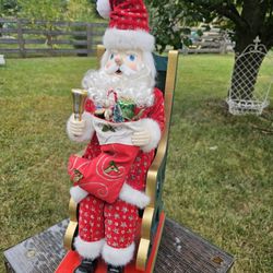 $45.00 - 26" Christmas Santa In Wood Chair!  Lots Of Design Details!  Like New Condition!  Spectacular "Statement" Keepsake!