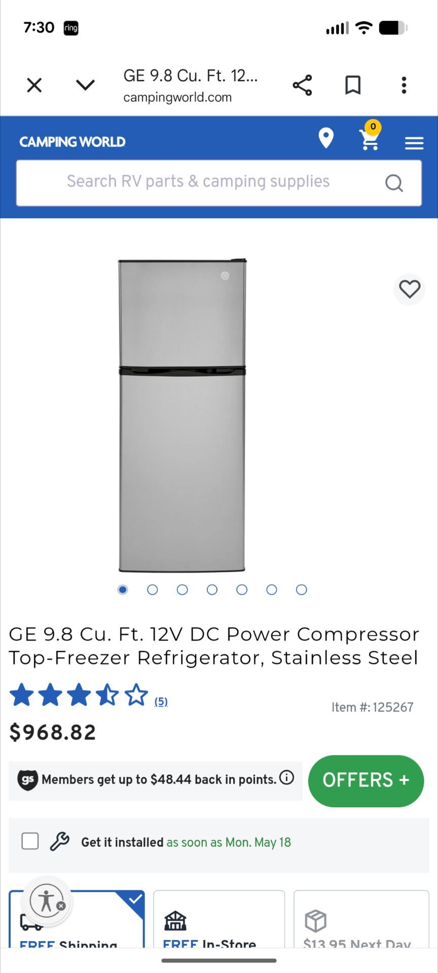 GE 9.8 cubic foot DC 12 Volt RV refrigerator