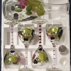 Antique Hand Painted Wine Bottle and glasses