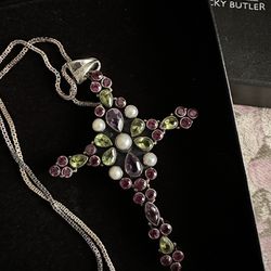 Nicky Butler 3.25” Sterling Silver Multi Gemstone Cross With 17” Necklace 