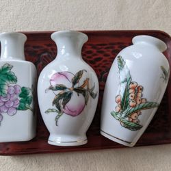 3 Vtg Handpainted Oriental Miniature Vases with Plate