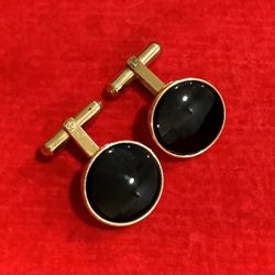 Vintage Fabulous Yellow Gold Plated & Onyx Set Mens Cufflinks