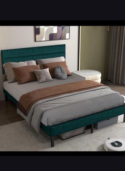 Teal Queen Size Upholstered Platform Bed Frame
