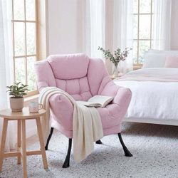 C298 $55  Pink Lazy Chair, Modern Accent Lounge Chair with Side Pocket, Upholstered Single Sofa Chair with Armrests for Living Room, Bedroom  LAZY BUD