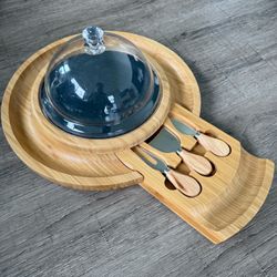 Round Bamboo Cheese Board & Charcuterie Set w/ Cheese Knives