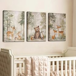 Woodland Animal Nursery Canvas wall art Set of 3 12x16in