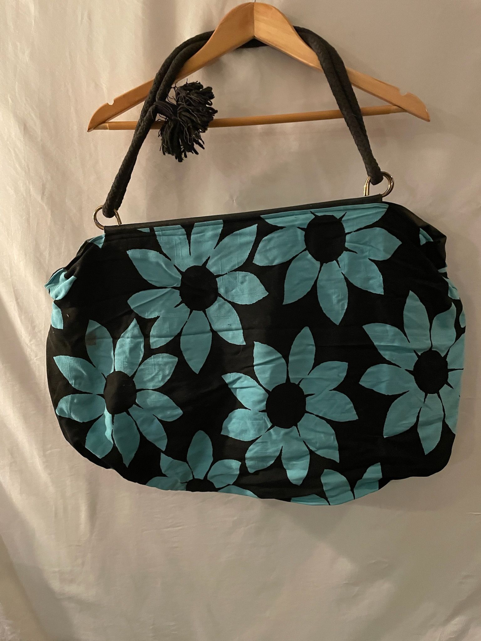 Ladies Vintage blue & black floral overnight tote bag travel bag with strap weekender bag Floral Tote Bag