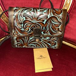 Patricia Nash Ariella Tooled Turquoise Brown Color Crossbody Bag 