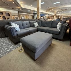 Grey Velvet Sectional And Ottoman 