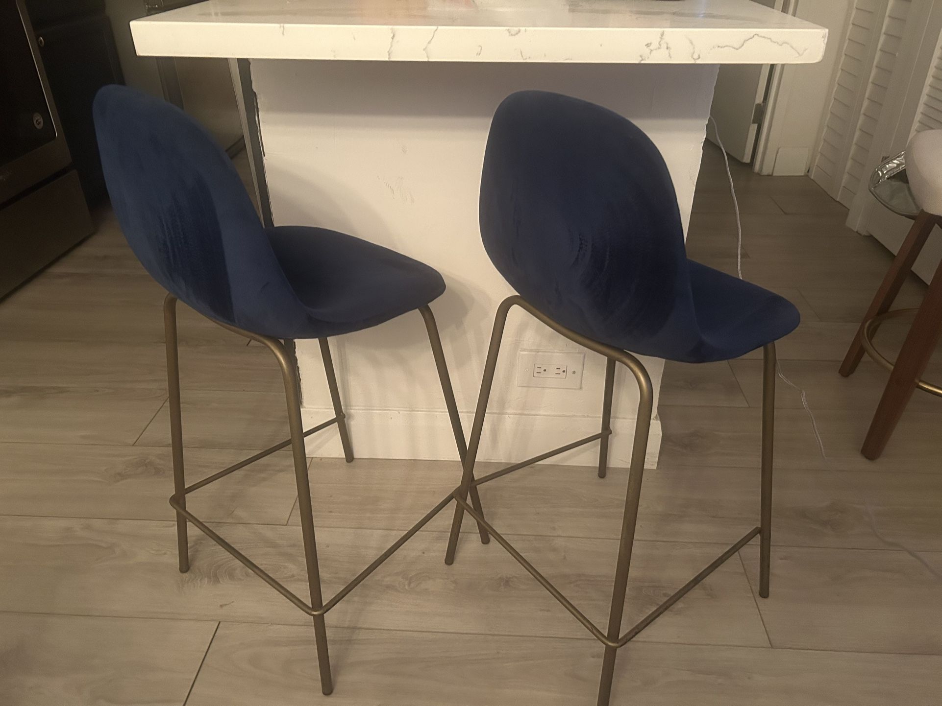 2 Counter height Bar Stools Royal Blue Velvet