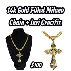 14k Gold Filled Milano Chain And Inri Crucifix Pendant 
