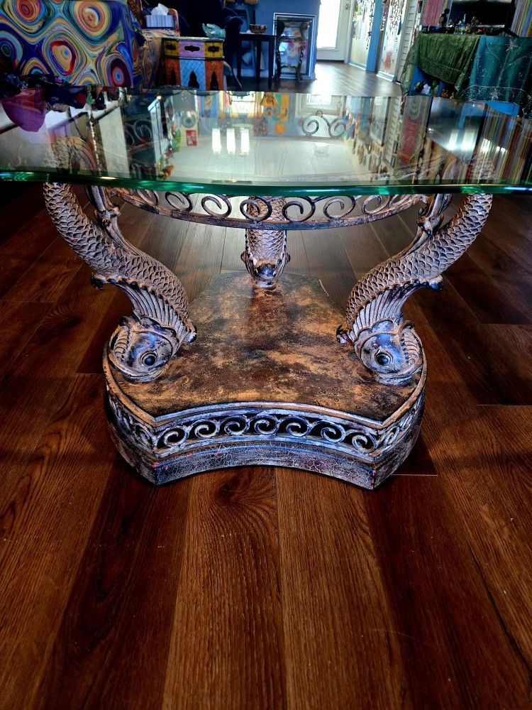 Vintage Italian MCM Hollywood Regency Bronze Carved Dolphins Beveled Rectangular Glass Coffee Accent Table One-Of-A-Kind 32"×18"×25.5"
