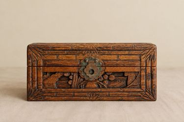 Antique Hand-Carved Wooden Box with Brass Latch