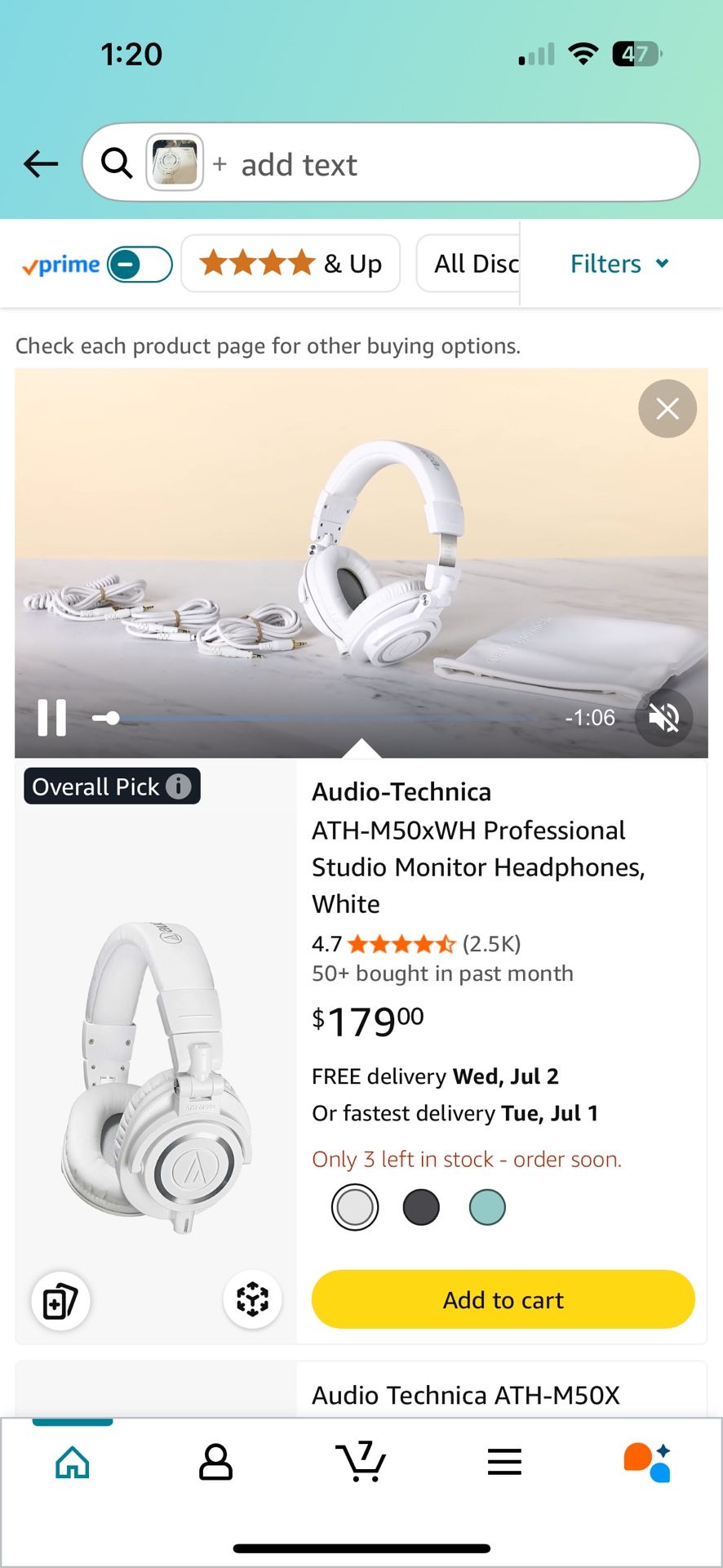 ATH-M50xWH Professional Studio Monitor Headphones, White 4.7