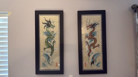 Framed Asian dragon prints on textured paper