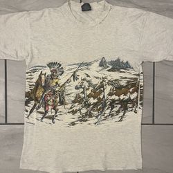 Vintage 90s Habitat Indian Chief Horses Mountain Wrap Around T-shirt Medium