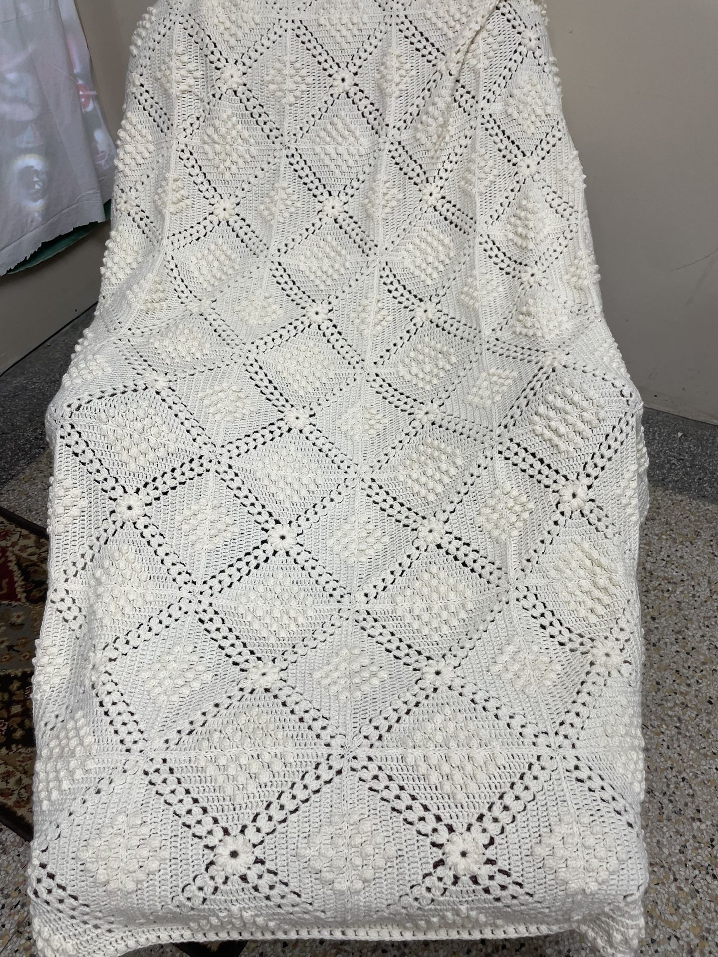 Vintage Ivory Hand crocheted Afghan Throw Blanket 48” x 58” Very Good Clean Condition