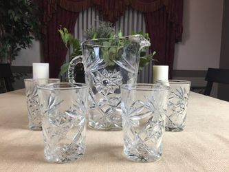 Antique Anchor Hocking Pitcher x1 and Tumbler set Glasses Cups x4