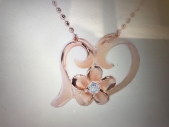 Pink gold plated sterling silver floating heart with plumeria necklace chain included