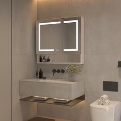 36 in. W x 32 in. H Silver Aluminum Recessed or Surface Mount Dimmable Medicine Cabinet with Mirror LED and Shelves