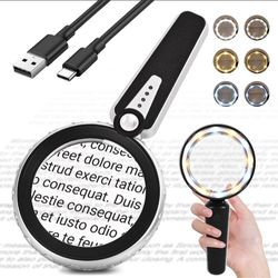 45X Magnifying Glass with Light, 4.6-Inch 1200mAh USB Rechargeable, 6 Color Modes for Low Vision Seniors, Reading, Jewelry & Coin Appraisal - Black Si