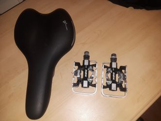 Bike seat, bike shoes and pedals.