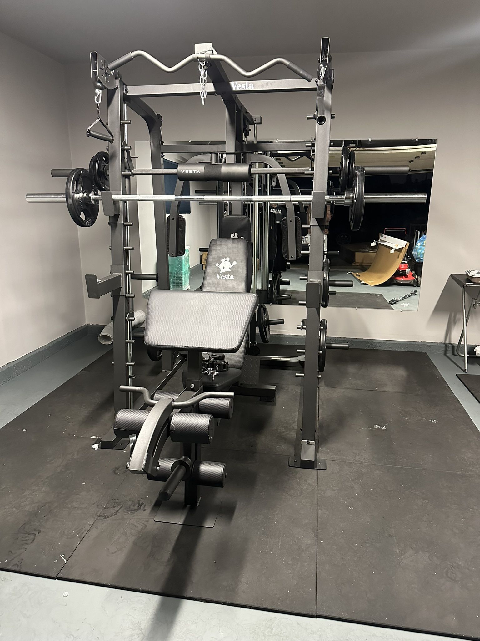 Vesta Fitness Smith Machine 2001 w/Bench Attachment | 230lb Bumpers Weights | 7ft Olympic Bar | Fitness | Gym Equipment | FREE DELIVERY🚚
