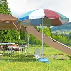 Color Stripes Canopy Beach Umbrella Metal Pole  12 Ribs Sun Shade Summer Tilt System Sand Anchor (8 FT Wide)