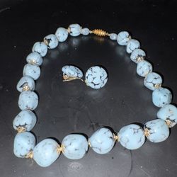  Vintage Real Blue Turquoise Stone Necklace with Gold Trim And Clasp Earring Included