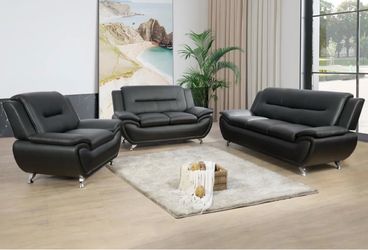 Modern style black leather three piece couch set