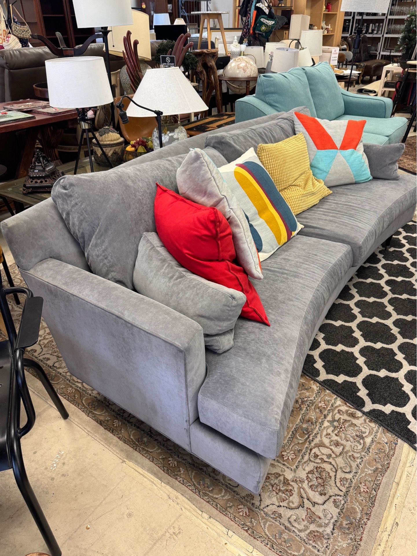 Ethan Allen modern curved sectional sofa upholstered in a grey velvet - Excellent condition