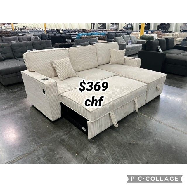 Beige Corduroy Sectional Sleeper Sofa With Pull Out Bed  // Black Friday Sale !