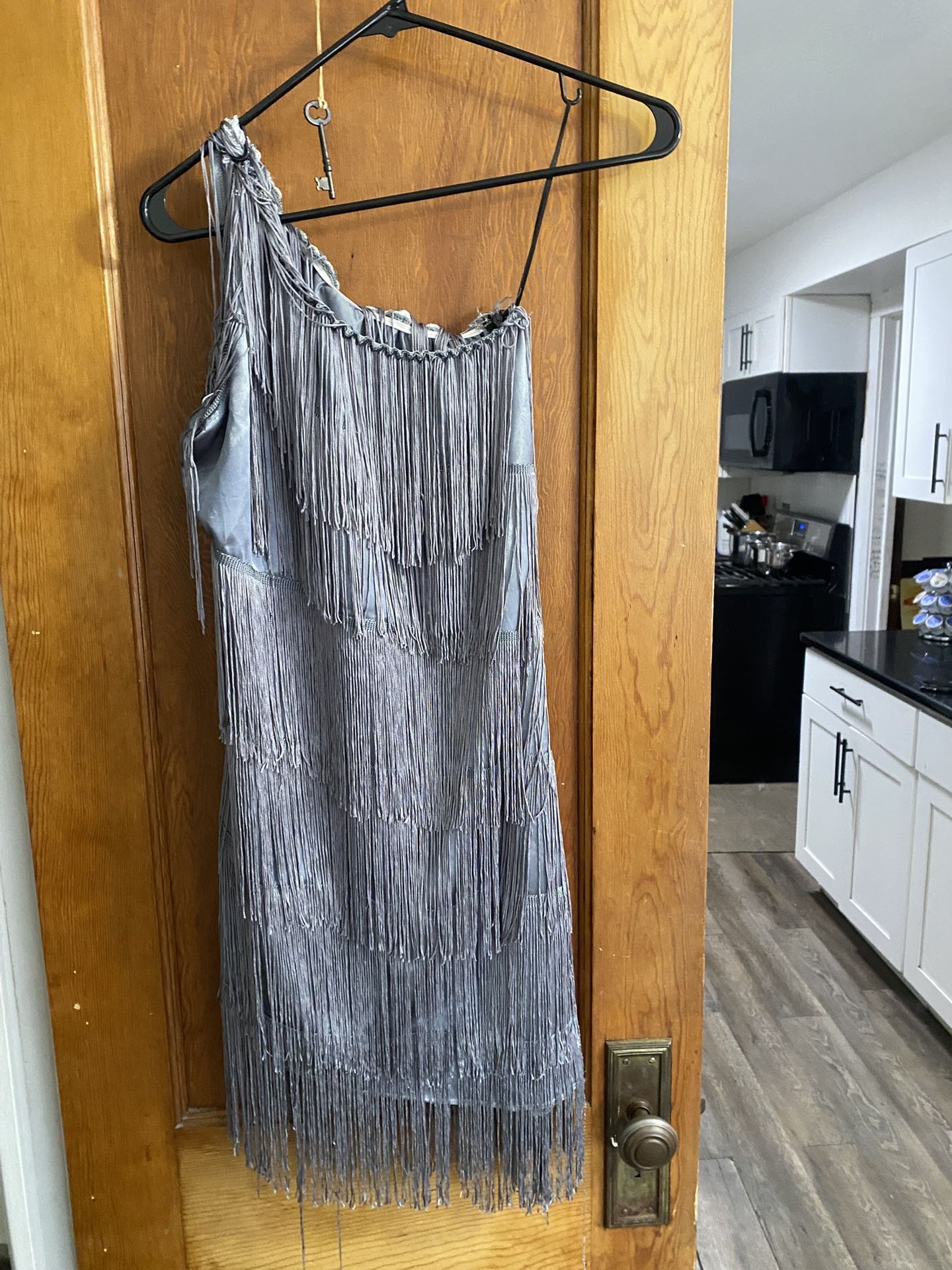 Vtg Silver Fringe Flapper Dress with Side Zipper M