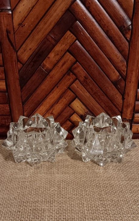 Vintage Clear Glass Starburst Candle Holders, Pair 4" Glass Star Votive Candle Holders