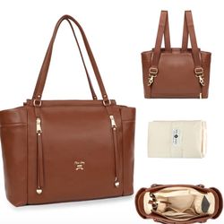 Miss Fong Brown Leather Convertible Tote / Backpack W/ Diaper Bag Diaper Pad & Dustbag