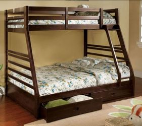 Brand New Espresso Twin over Full Bunk Bed w Trundle Drawers