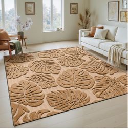 Brown Monstera 5x7 Area Rugs High-Low Plush Pile Washable