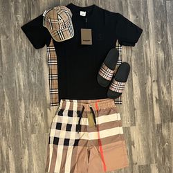 Burberry Short Set With Hat And Slides Brand New 