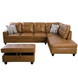Sectional Tan Leather Sofa & Ottoman