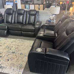 Contemporary Dark Gray Power Reclining Sofa And Loveseat 