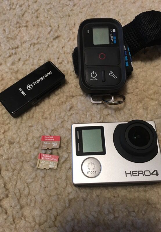 GoPro hero4 silver, remote, 96gb of storage and extras