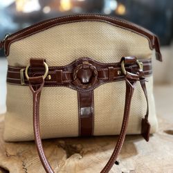 Carryland Women’s Woven Golden Straw Exterior Faux Leather Trim Satchel Bag